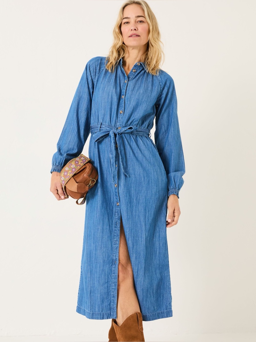 FatFace Abi Blue Denim Button-Front Tie-Waist Midi Dress